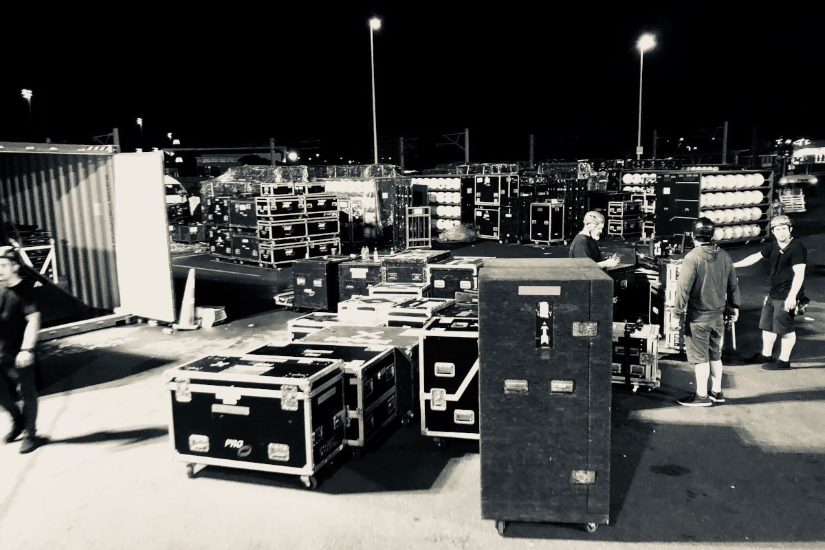 Road cases in preparation for shipping